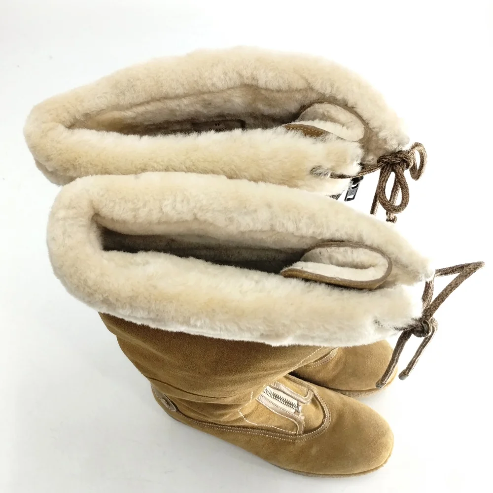 Cole Haan Tall Boots Suede Sheep Shearling‎ Zip Front